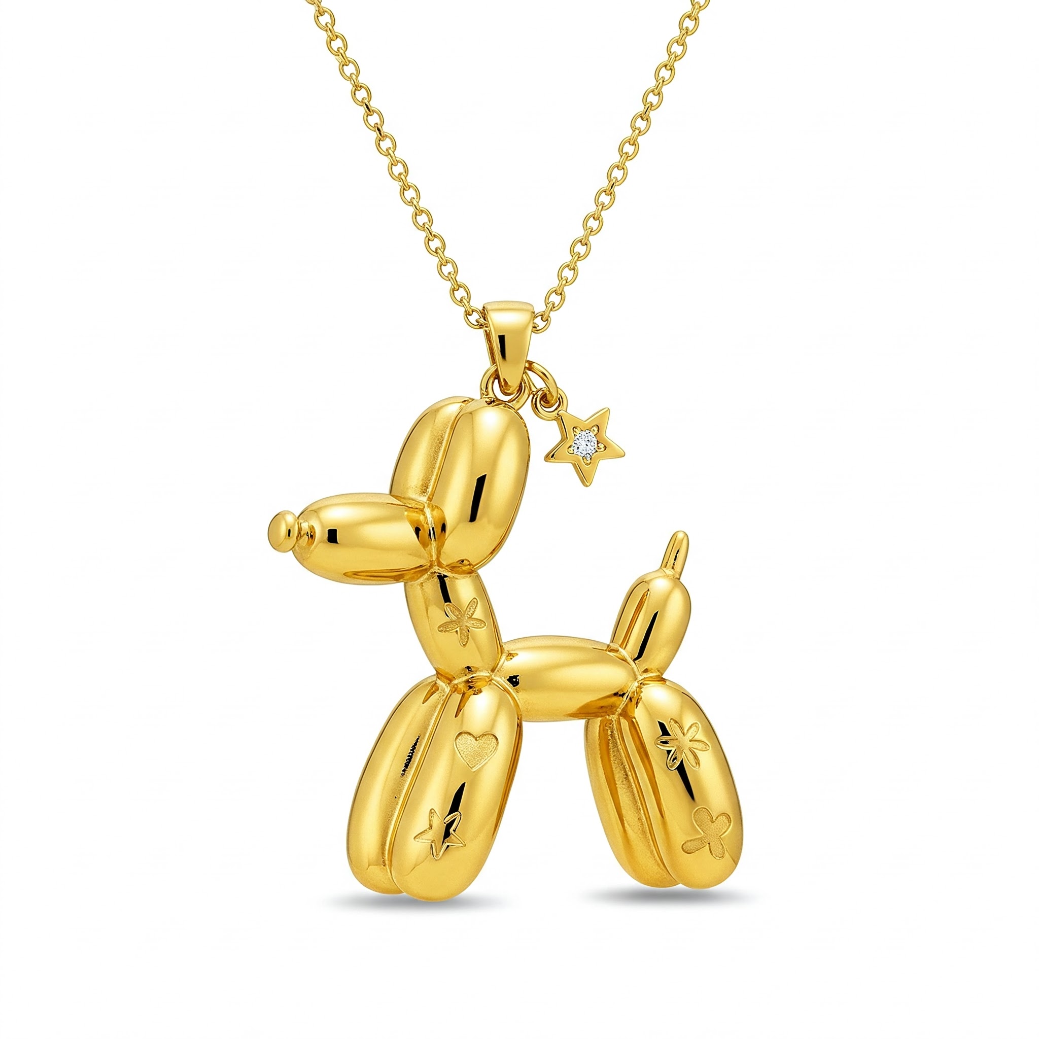Gold Balloon Dog Pendant Necklace - Stainless Steel with Star and Heart Engravings